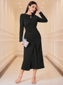Modelyn Vestido De Brillo Plisado Con Abertura