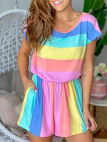 女款條紋印花高腰短袖連體褲，設有口袋 - 彩色 - 查看 4