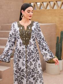 Al Najma Printed Patchwork Water Soluble Lace Notch Neck Jalabiya - Multicolor - View 6