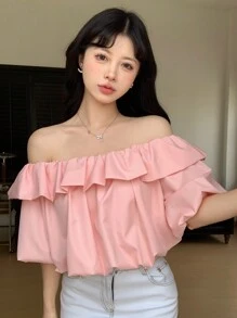 DAZY Màu thuần Ngắn Áo sơ mi Crop Với Off Shoulder & Xù Hoa Sen Thiết kế Đối với phụ nữ - Hồng - Xem 5