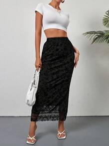 Chiquease Của phụ nữ Ren Vá lại Đuôi cá Hem Váy midi - màu đen - Xem 4