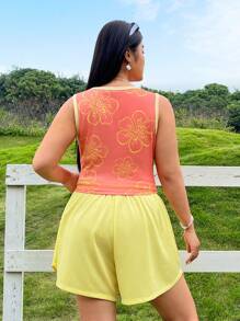 SHEIN Qutie Plus Size Women's Orange Flower Printed Tank Top And Yellow Drawstring Waist Shorts Set - Multicolor - View 3