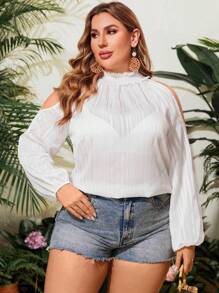 SHEIN Clasi Plus Size Women's Elegant Stand Collar Off Shoulder Jacquard Gauze Shirt With Floral Applique Fall Cloth For Women - White - View 4