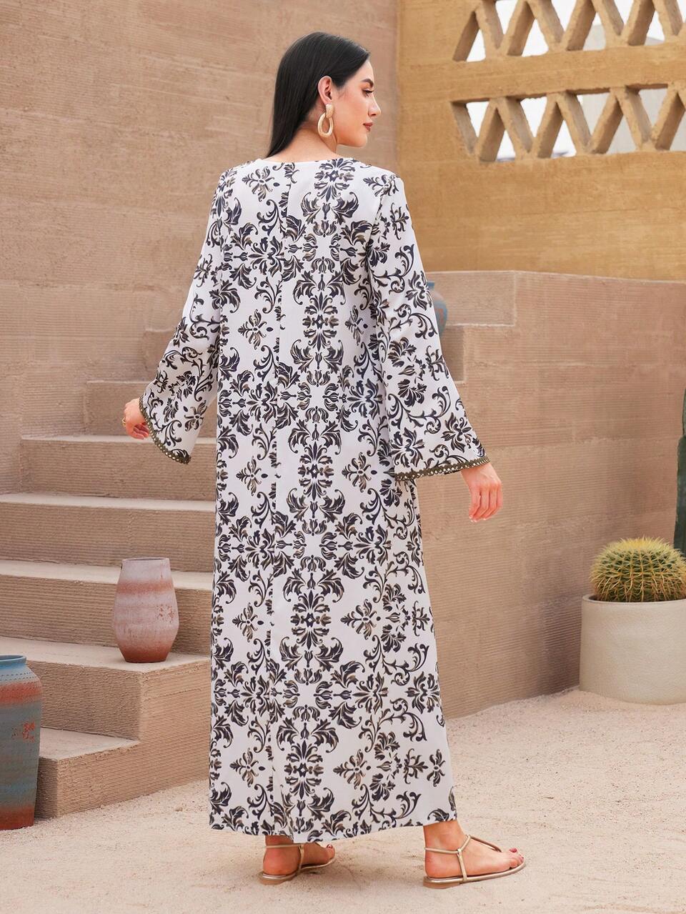 Printed Patchwork Water Soluble Lace Notch Neck Jalabiya