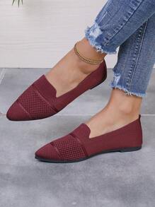 秋冬女式尖头一脚蹬针织条纹平底鞋，纯色波西米亚时尚休闲舒适户外可爱罗纹平底鞋，适合度假、派对、居家、办公室、所有季节 - 酒紅色 - 查看 3