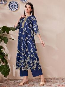 Divindia Women' Printed Kurta Set With Slit V-Neckline, Long Sleeve Top And Pants Style - Blue - View 7