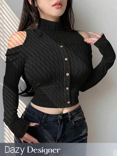 Dazy Designer قميص نسائي طويل الأكمام بالكتف البار...