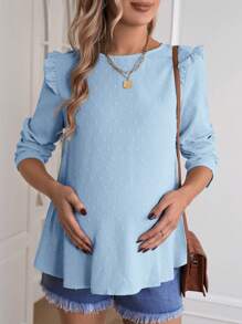 SHEIN Maternity Back Button Placket Frill Edge Stitching Shirt - Baby Blue - View 5