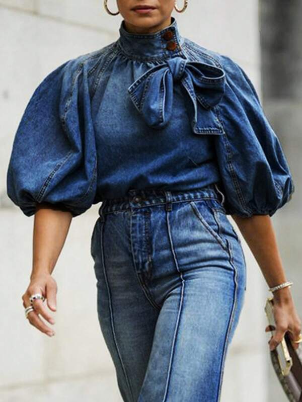 Damen Stehkragen Kurzarm Puffärmel Jeans Bluse