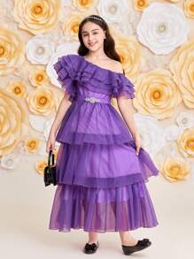 SHEIN Vestido elegante para niña preadolescente de color morado con dobladillo con volantes - Morado - Ver 4