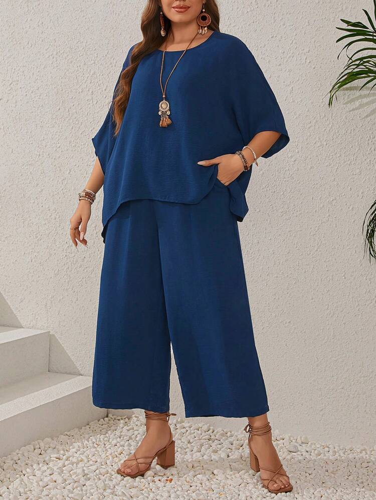 Plus Size Women's Dark Blue Batwing Sleeve Round Neck Shirt And Wide Leg Pants Set With Pockets For Summer,Spring/Vacation