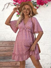 SHEIN Maternity Floral Print V-Neck Bell Sleeve Dress - Pink - View 1