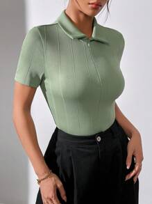 SHEIN Essnce Của phụ nữ Dây kéo mặt trước Ngắn tay Commute & Giải trí Áo thun - Màu xanh Bạc hà - Xem 5