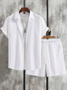 Manfinity Homme Men's Solid Color Casual Shirt & Shorts, 2pcs/Set, Cozy Outfits - White - View 1