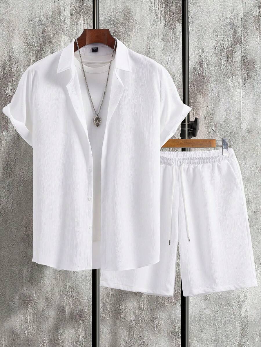 Manfinity Homme Men's Solid Color Casual Shirt & Shorts, 2pcs/Set, Cozy Outfits - White - View 1