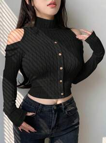 Dazy Designer Women's Stand Collar Cold Shoulder Long Sleeve T-Shirt