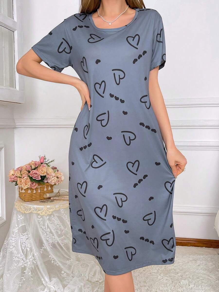 心形印花宽松 T 恤睡裙 - 霧霾藍 - 查看 1