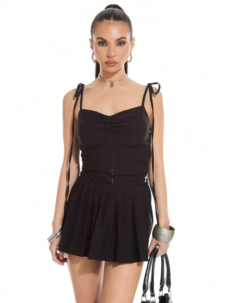 Stretch Woven Hook & Eye Ruched Dress Spring Elegant Vacation Sexy Romantic Beach Sun Dress Occasion Old Money Cute