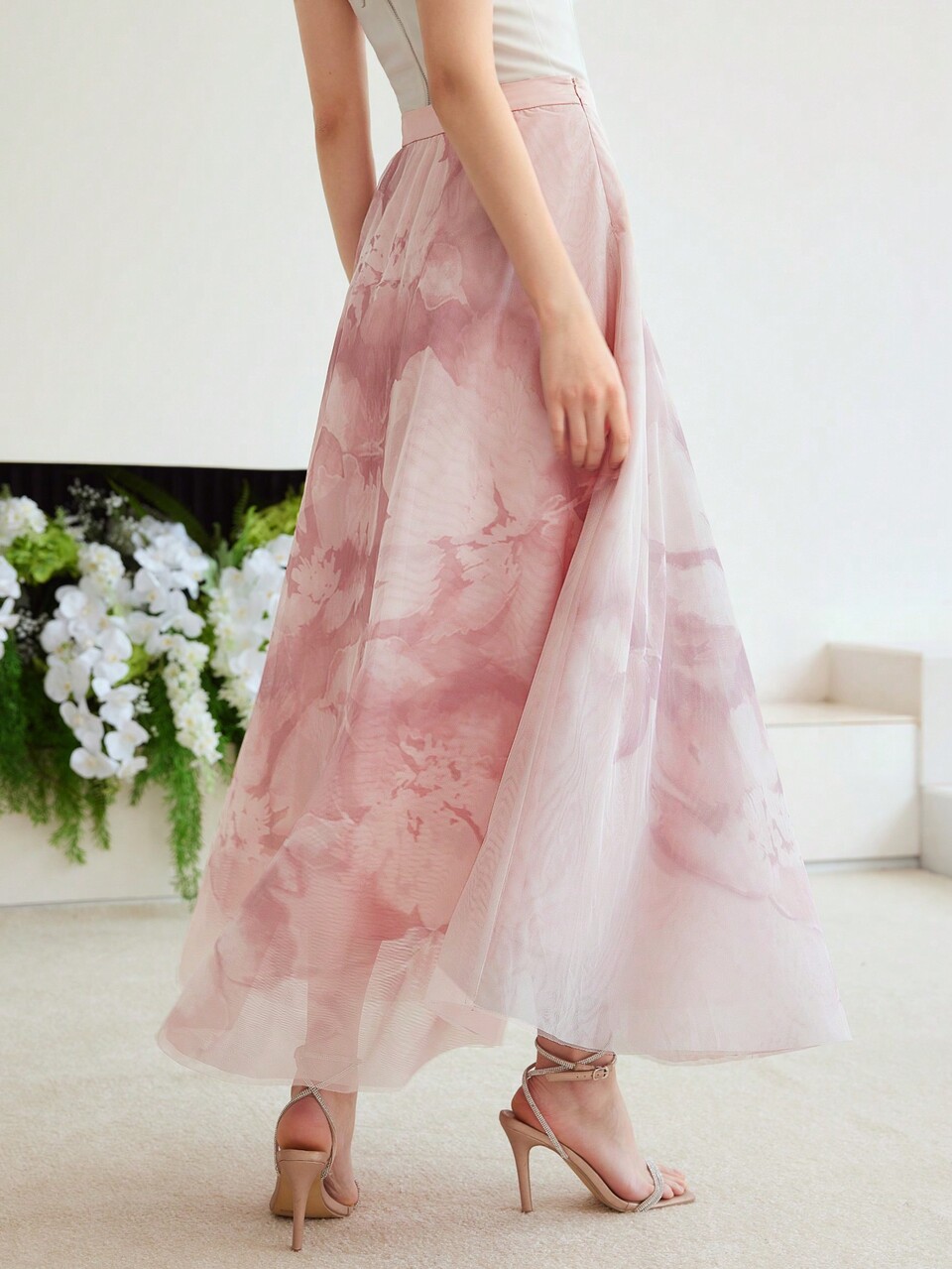 WOVEN DRAPED FLORAL PRINT SKIRT,VALENTINE'S DAY