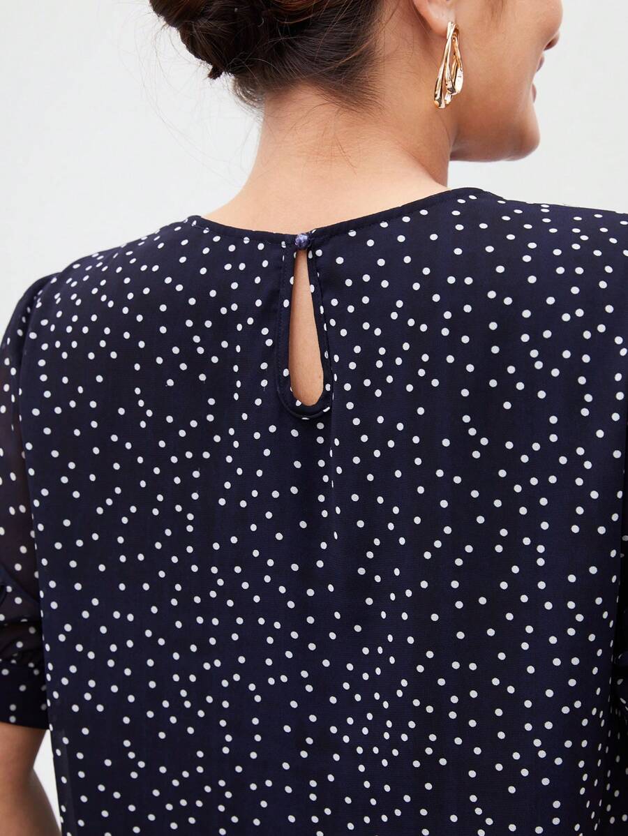 BizChic Của phụ nữ Kích thước lớn Chấm bi Lỗ khóa Vòng cổ Giải trí Áo sơ mi - Màu xanh hải quân - Xem 1