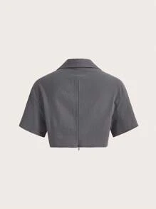 SHEIN EZwear 女士純色短款編織襯衫 - 灰色 - 查看 2