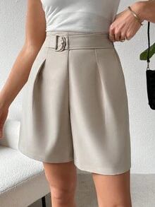 SHEIN Essnce Quý cô Giải trí Quần short Với Nút kim loại Đồ trang trí In Màu Quả mơ Cho mùa hè - Màu be - Xem 4