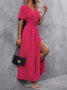 EMERY ROSE Women's Butterfly Sleeve Waist-Cinching Slit Dress Maxi Women Outfit - Hot Pink - View 6