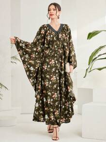 Al Najma Vestido De Manga Murciélago Con Estampado Floral - Verde - Ver 1