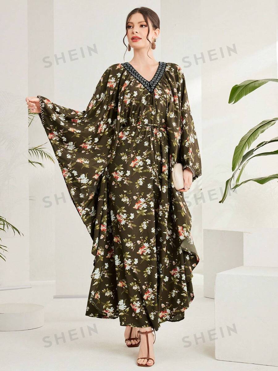 Al Najma Vestido De Manga Murciélago Con Estampado Floral - Verde - Ver 1