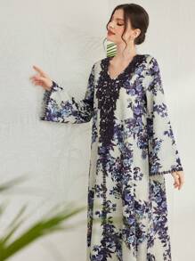 Al Najma Embroidery And Patchwork Flower Pattern Bell Sleeve Kaftan Modest Long Sleeve Arabian Dress