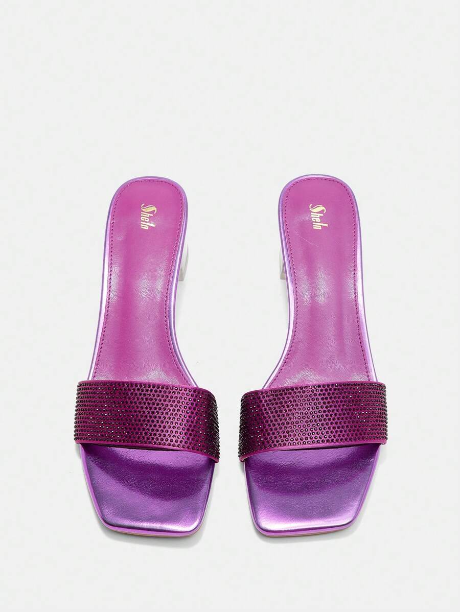 SheIn BIZ Ladies' Purple Pu Rhinestone Decor Mule Clear Heel Sandals - Purple - View 1