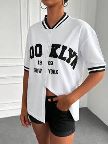 EURMUSE Letter Graphic Striped Trim Baseball Collar Tee - White - View 3