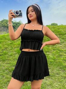 SHEIN Qutie 大码女式黑色吊带背心和短裤两件套 - 黑色 - 查看 1