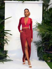 Korin 设计师高开叉甜菜红 A 字长裙，节日 - 酒紅色 - 查看 5