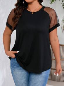 SHEIN Clasi 大码女式网眼插肩袖 T 恤，夏季 - 黑色 - 查看 5