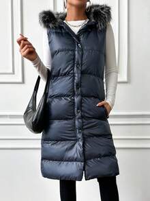 EURMUSE Hooded Padded Vest Jacket With Collar - Blue - View 4