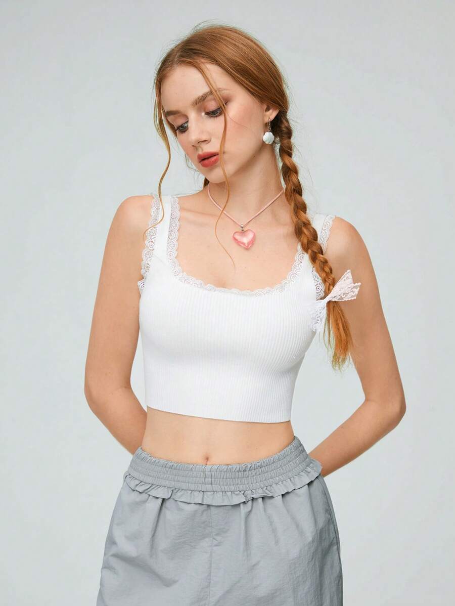 SHEIN Qutie 女士鉤織無袖蕾絲上衣 - 白色 - 查看 1