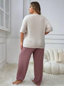 大碼愛心和字母刺繡上衣純色褲子睡衣套裝