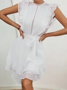 Breezaya High Neck Multi-Layer Ruffle Trim Waist Cinched Dress