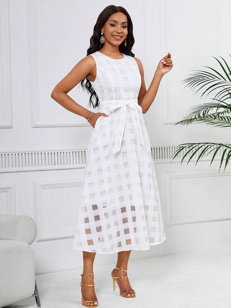 SHEIN Lady 女式無袖圓領口袋直筒連衣裙 - 白色 - 查看 6