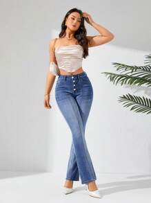 SHEIN Privé 女士水洗喇叭牛仔褲 - 藍色 - 查看 6