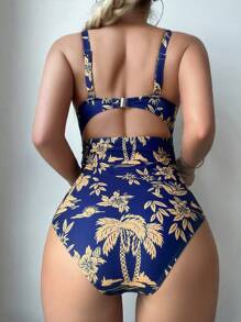 SHEIN Swim 女用椰子樹印花鏤空背連身泳衣嘉年華 - 彩色 - 查看 2