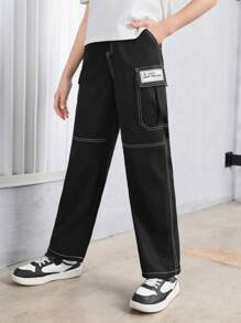 SHEIN Jardineira Fofa Para Meninas Tween Com Bolso, Cintura Média, Calça Reta Com Costura De Cor Contrastante - Preto - Ver 2
