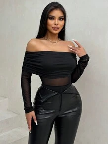 VaVaBold Của phụ nữ Off Shoulder Xếp li Tay áo dài Áo liền quần chặt - màu đen - Xem 9