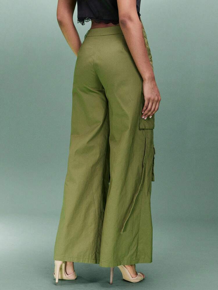 Solid Color 3d Cut With Multiple Pockets Waist Belt Cargo Wide-Leg Pants