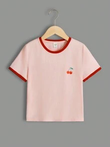 SHEIN 少女針織櫻桃印花撞色口袋綁帶短袖休閒t恤 - 淺粉色 - 查看 1