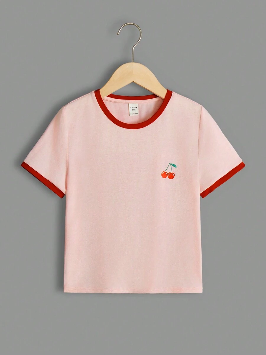SHEIN 少女針織櫻桃印花撞色口袋綁帶短袖休閒t恤 - 淺粉色 - 查看 1