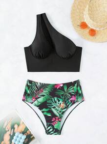 SHEIN Swim Bộ bikini hai mảnh in hình cây một bên vai đi biển mùa hè - Nhiều màu - Xem 3