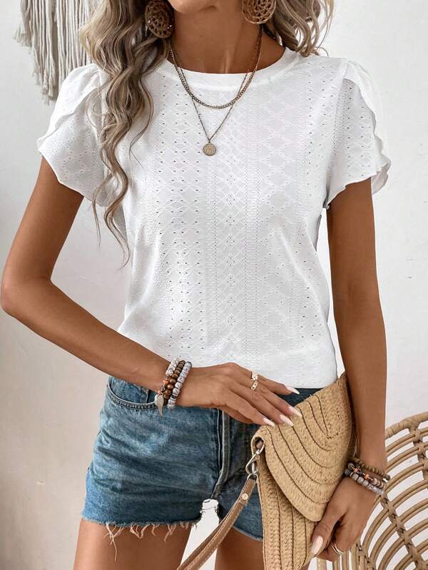 SHEIN LUNE Women's Casual Short Sleeve Petal Shaped Round Neck T-Shirt