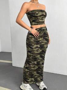 SHEIN EZwear Ladies' Camouflage Bandeau Top And Midi Length Skirt With Tie Set - Multicolor - View 4